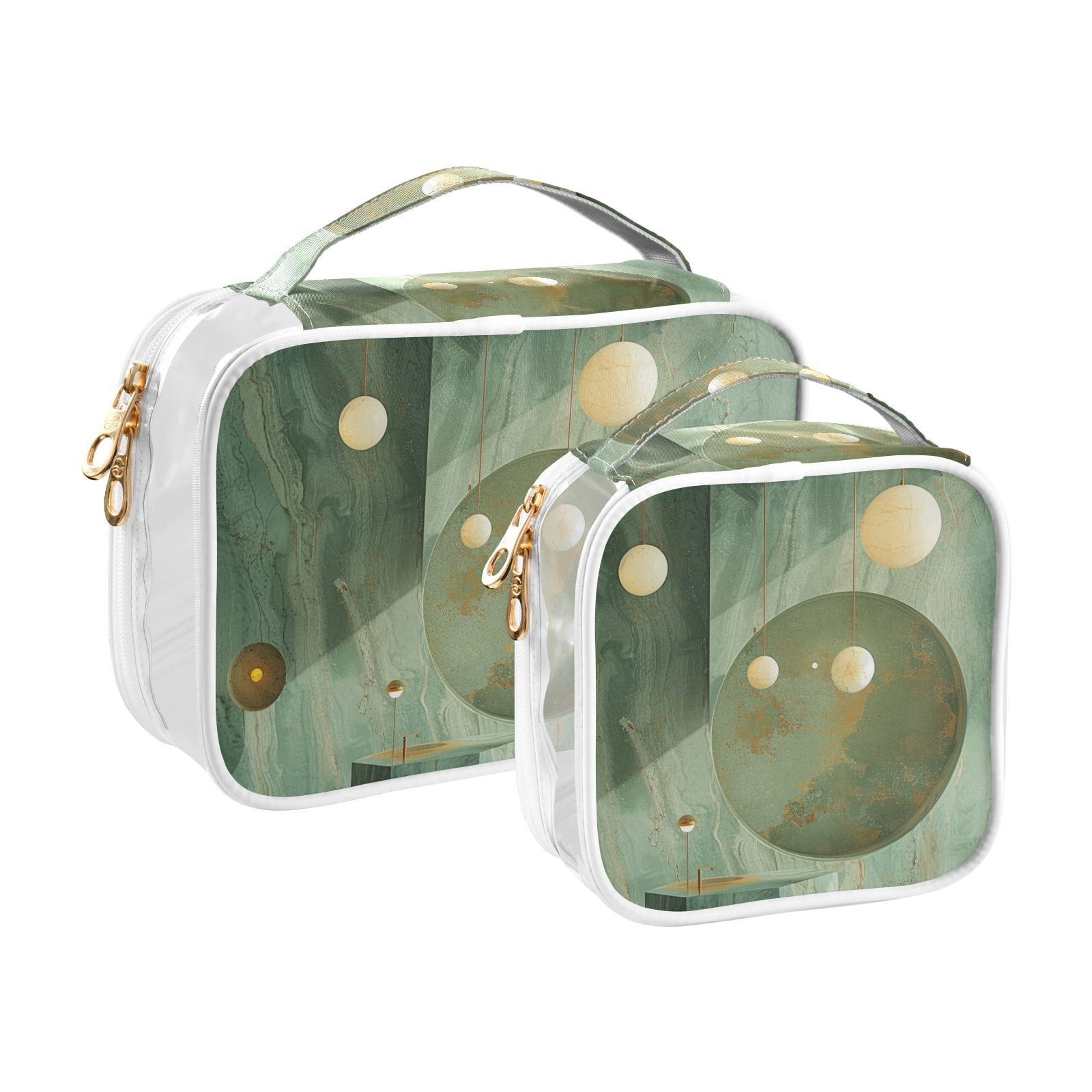 Clear Makeup Bags with Handle Large Opening 2 Pack Set Toiletry Bag Quart Size Bag, for Women Man Traveling Travel Essentials, Toiletries and Other. Green Gold Marble Modern Luxury