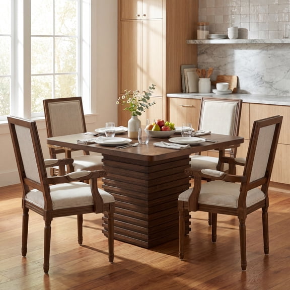 Christopher Knight Home 5-Piece Dining Set, Square Table and High Back Upholstered Chairs, Walnut Beige