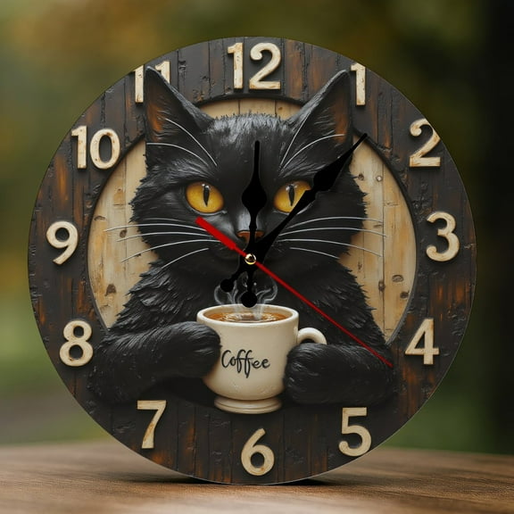 Wall Clock Decorative - Black Coffee Cat Print 2D Vintage Wall Clocks Battery Operated Silent Non-Ticking for Bedroom, Living Room, Kitchen, Office, Classroom, 10 Inch