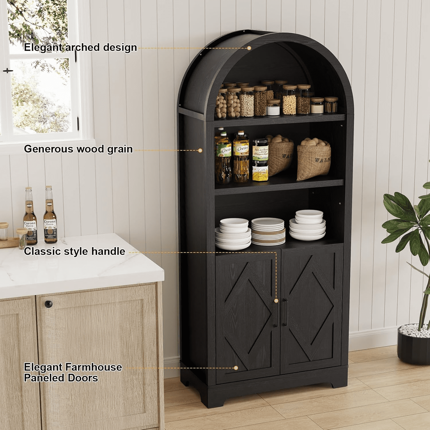 Vipbear 70" Arched Cabinet, 5 Tier Arch Bookcase, Tall Pantry Wood Display Cabinet with Doors&Adjustable Shelve for Living Bed Room Kitchen