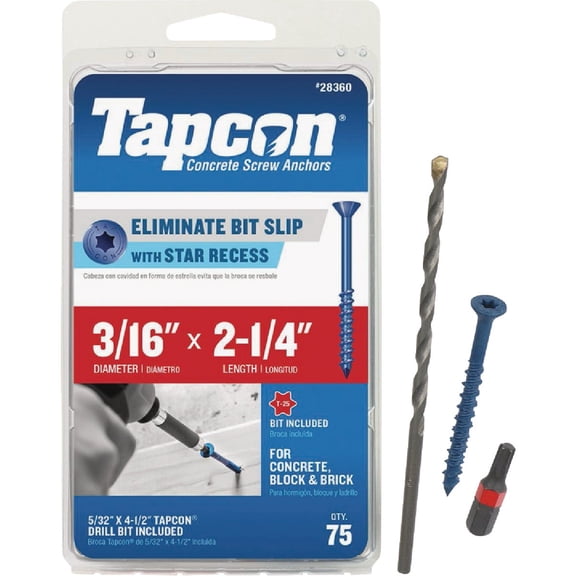 Tapcon Concrete Anchor Blue Star Drive Bugle Head - Rust Resistant - 75 Count, 3/16x2-1/4 — Construction & DIY Use, Standard Hardware Spec