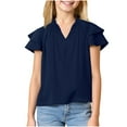 thumbnail image 4 of Taqqpue Girls Ruffle Short Sleeve T Shirts Kids V Neck Casual Shirts Pleated Flowy Solid Color Loose Fit Blouse Cute Fashion Tees Tops 5-14 Years, 4 of 9
