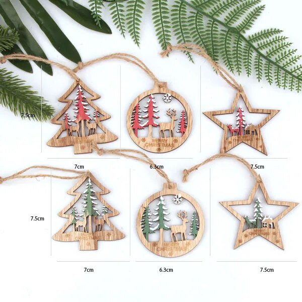 Adornos colgantes de madera de copos de nieve huecos europeos para árbol de Navidad, decoraciones de fiesta de Navidad, regalo para niños, 6 piezas
