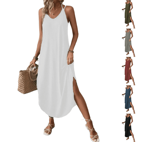 Summer Dresses for Women Strappy Backless Halter V Neck Solid Color Flowy Beach Vacation Casual Maxi Dress S-2XL