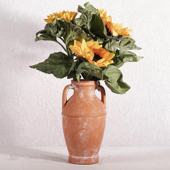 Terracotta Rustic Vase - Farmhouse Ceramic Flower Vases, Vintage Home Decoration Vase, Clay Vase, Vase Centerpiece for Table, Vase for Living Room, Bathroom, Shelf Decor, 8.6 Inch, Terracotta