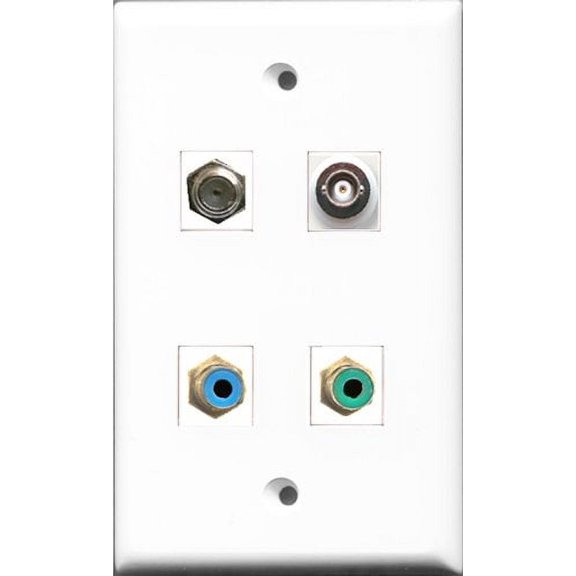RiteAV 1 Port RCA Green and 1 Port RCA Blue and 1 Port Coax Cable TV- F-Type and 1 Port BNC Wall Plate