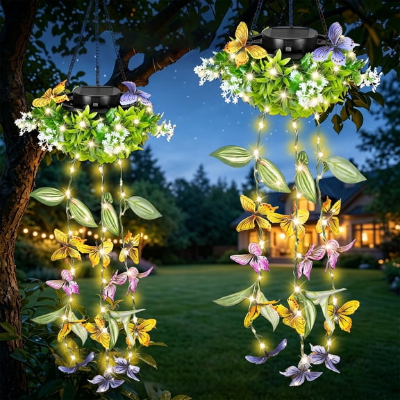 Rirool 2 Pack Solar Butterfly Garden Lights Outdoor Waterproof Fluttering Butterfly Landscape Stake Lights with White Flower Lanterns for Yard Patio Pathway Lawn Porch Spring Summer Decor Gift