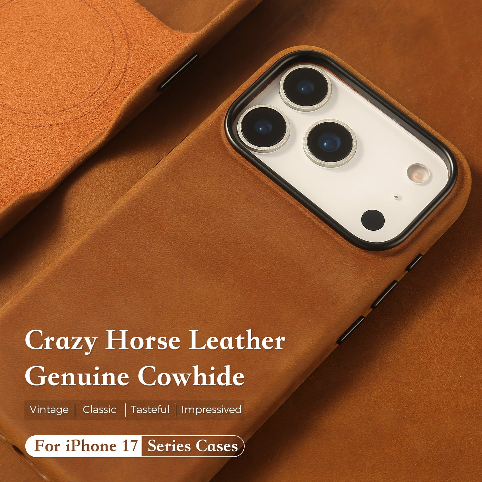 Genuine Leather Case for iPhone 17 Pro (6.3 inch), Vintage Pull-up Leather Case with Soft Fiber Lining, Lip Screen Protection, Fit for MagSafe Saddle Brown