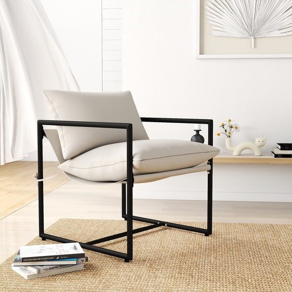 Skandiquip Modern Arm Accent Chair, Square Metal Frame Soft Upholstered Compact Lounge Chair for Living Room Bedroom, Beige