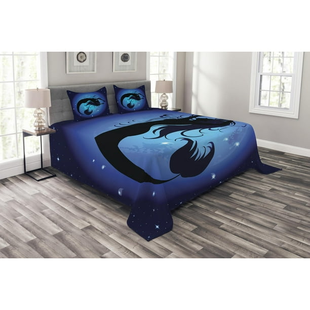 Mermaid Bedspread Set Queen Size Silhouette Of Legendary Aquatic Moon Sky Background Fictional Print Quilted 3 Piece Decor Coverlet With 2 Pillow Shams Purple Black By Ambesonne Com Mermaid Bedspread Set Queen Size, Mermaid Bedding King Size