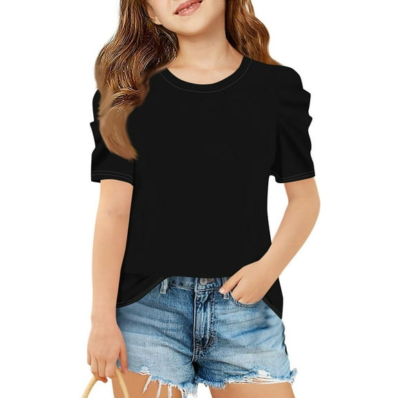 Inglocry Girls Puff Short Sleeve Shirts Round Neck Tunic Tops Casual Solid Blouses Cute Summer Tops For Teens 5-14 Years Black 7-8Y