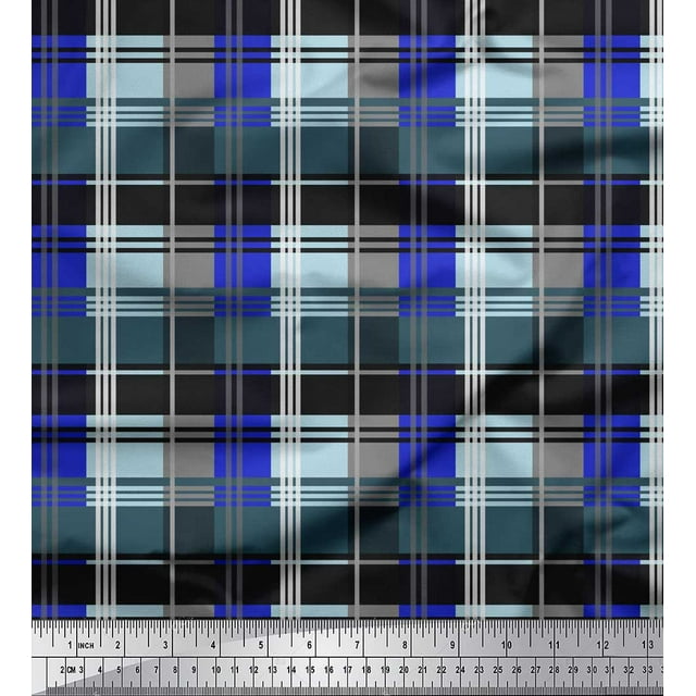 Soimoi Blue Japan Crepe Satin Fabric Check Check Printed Craft Fabric by the Yard 42 Inch Wide
