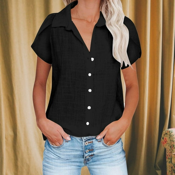 Black Women Shirts, Short Sleeve Shirts For Women Casual Summer 2025 Collared Down Cotton Linen Tops Loose Fit Blouse Clothing,Women Shirts M