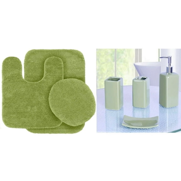 3pc Bathroom rug mat set   Matching Ceramic Accesories #6 Sage green color non slip super soft chenille washable
