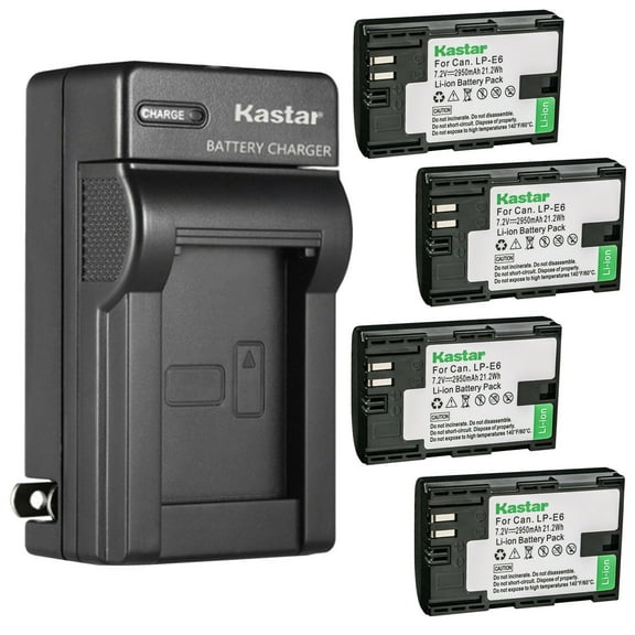 Kastar 4-Pack LP-E6 Battery and AC Wall Charger Replacement for Canon LP-E6N, LP-E6NH, LP-E6N Pro Battery, Canon LC-E6, LC-E6E Charger, Canon EOS R, EOS Ra, EOS R5, EOS R6, EOS 5D Mark II Camera
