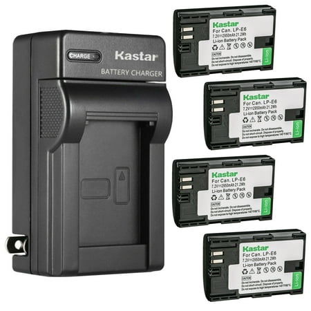 Kastar 4-Pack LP-E6 Battery and AC Wall Charger Replacement for Canon LP-E6N  LP-E6NH  LP-E6N Pro Battery  Canon LC-E6  LC-E6E Charger  Canon EOS R  EOS Ra  EOS R5  EOS R6  EOS 5D Mark II Camera