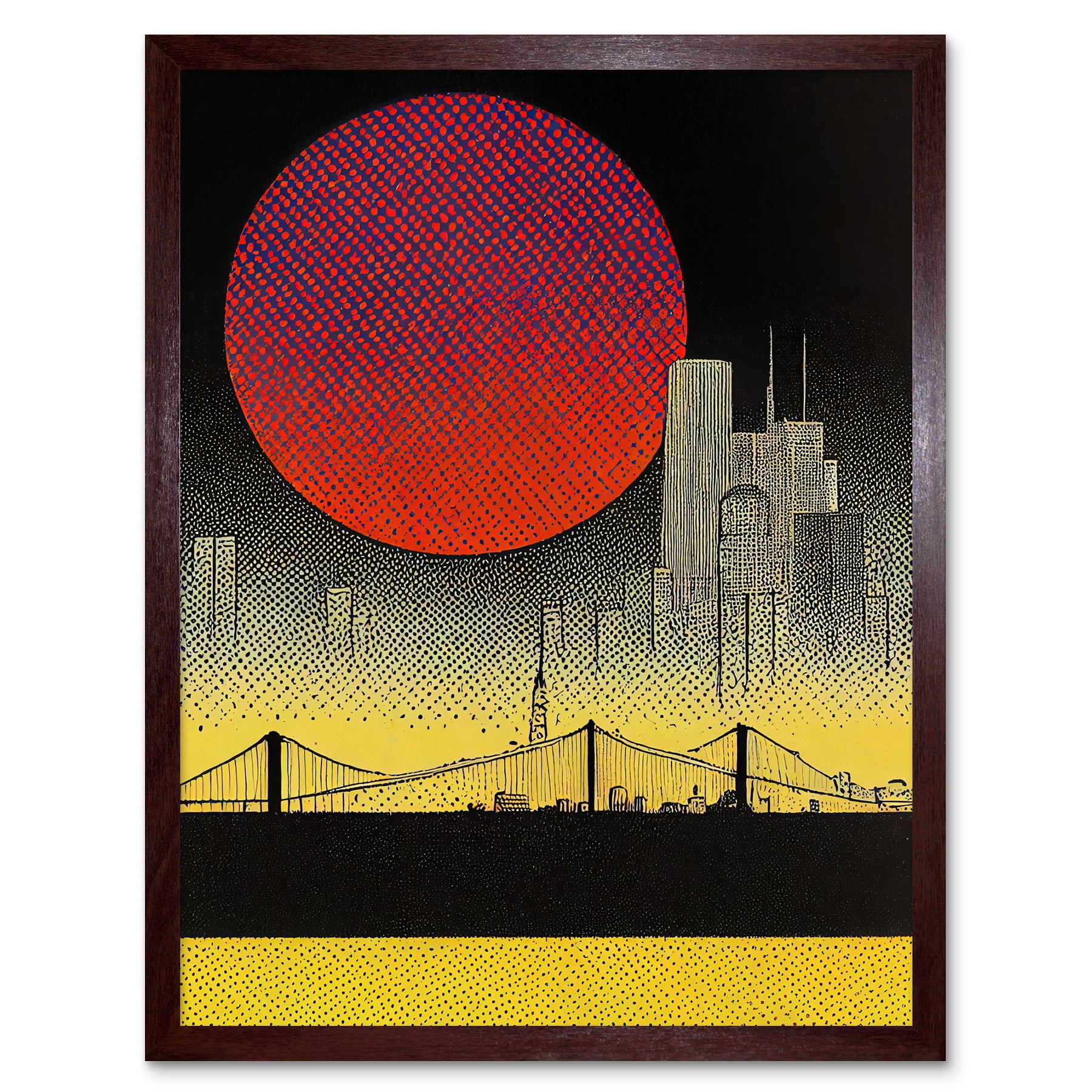 Pop Art Red Sunset Sun Over Manhattan Bridge Skyline Black Yellow Grey