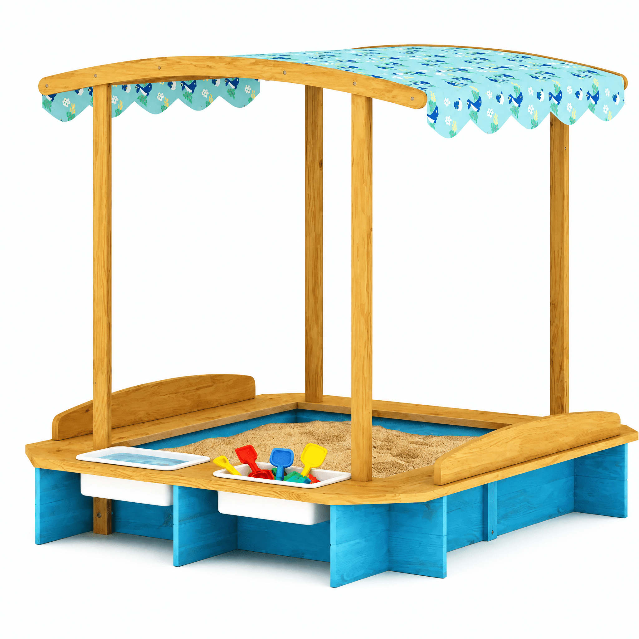 Kids Wooden Sandbox with Dinosaur Print Oxford Canopy, 3-Sided Bench Seats for 6 Children, 2 Removable Storage Boxes, Fir Wood Outdoor Sand Pit with Bottom Liner for Backyard Ages 3-6