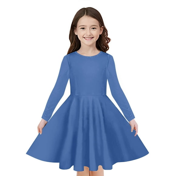 Odeerbi Niñas Manga Larga A-Vestido de Manga Larga Para Niñas Vestido Acampanado de Primavera Vestido Elástico de Colores Sólidos Vestido de Patinadora Twirly Vestido de Recital Escolar