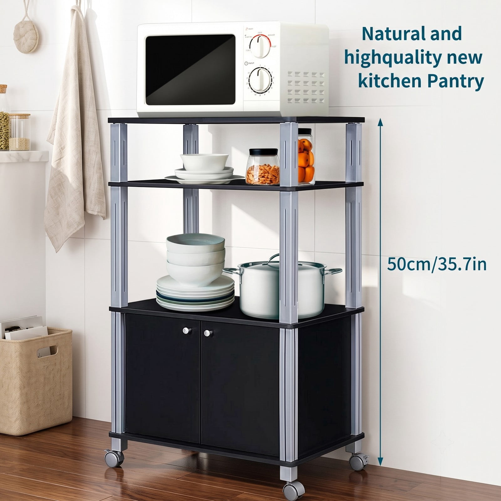 RUIE 3-Tier Microwave Stand with 2-Door Cabinet, Rolling Kitchen Storage Cart for Dining Room, Black