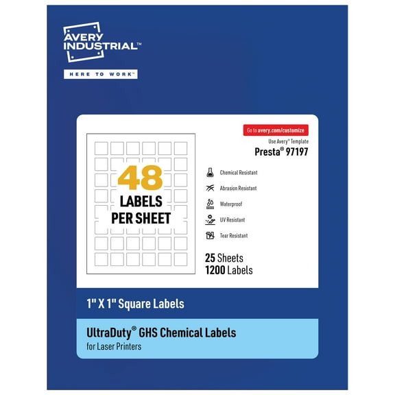 Avery UltraDuty GHS Labels 1" x 1", 1200 Ct, Laser Printer