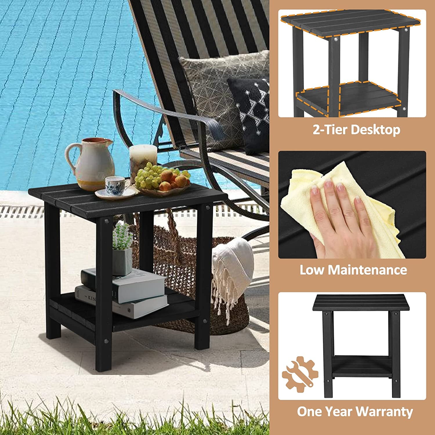 Nalone 2-Layer Outdoor Side Table, HDPE Weather-Resistant Adirondack for Living Room Bedroom, Outdoor Side Table, Patio End Table Outside-Black