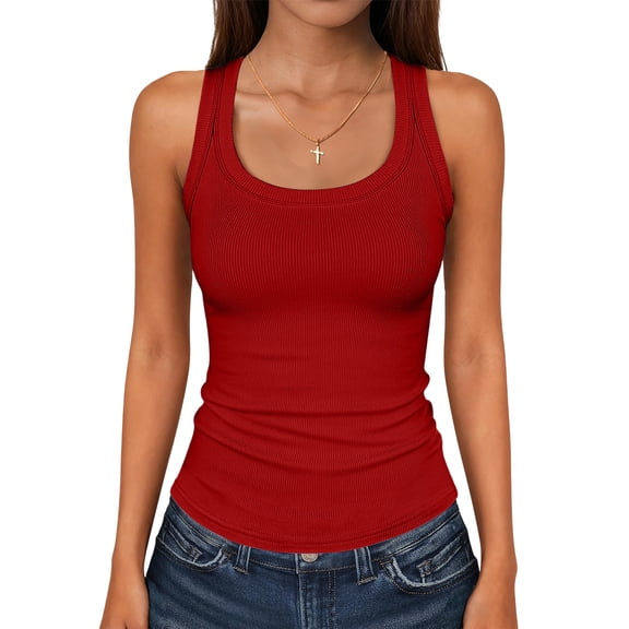 JULMCOMO Ribbed Tank Tops for Women Scoop Neck Slim Fit Casual Tank Tops Sleeveless Solid Comfy Summer Shirts Red 2XL