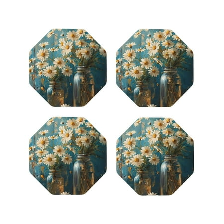 

Tideii Delicate White Daisy Jars for Leather Coasters 4 Pieces Anti-fouling and Anti-scalding Decorative Coasters Suitable for Restaurants Kitchens Coffee Shops-Octagon