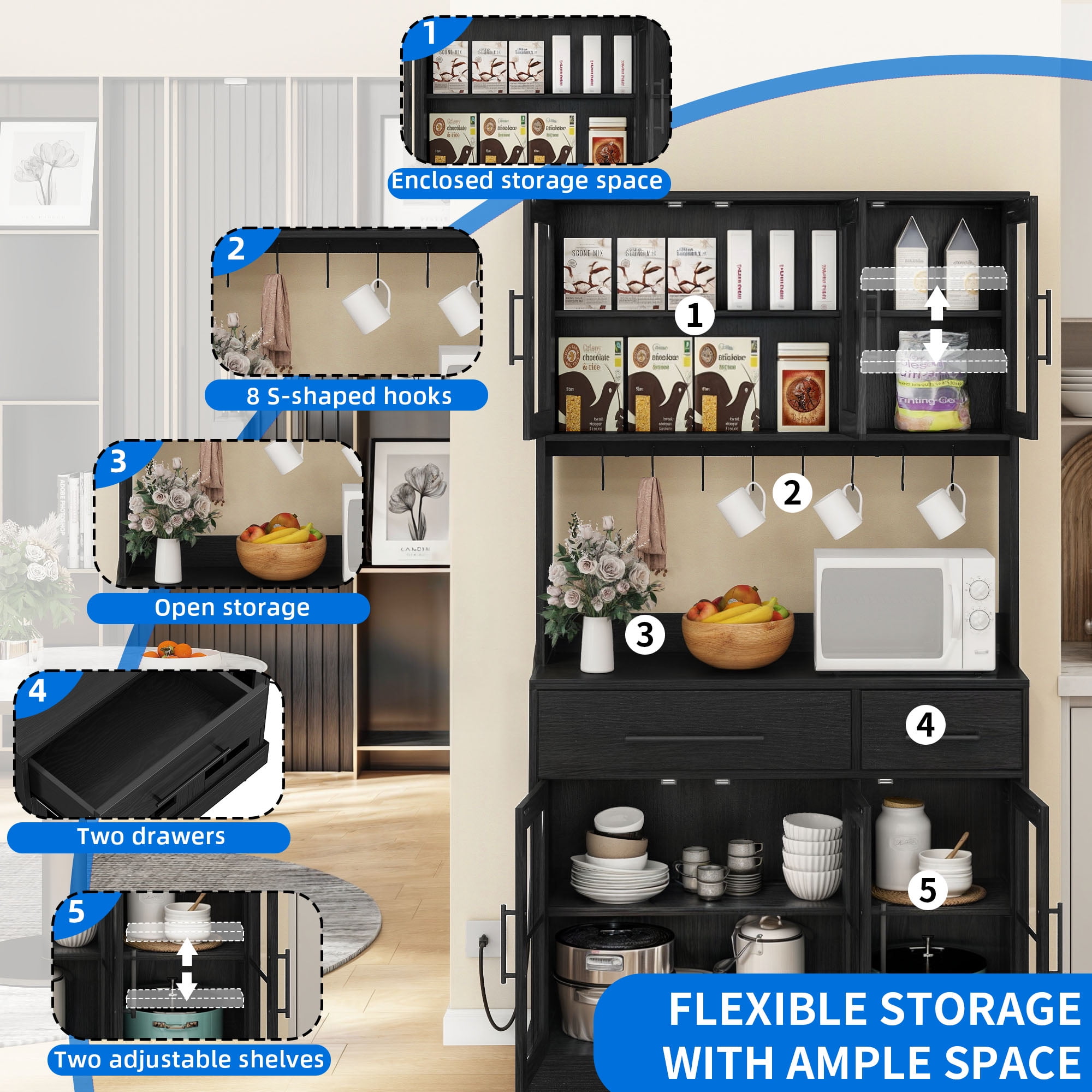 Dextrus 71-Inch Tall Kitchen Pantry Cabinet with Power Outlet, Glass Door, Mug Hooks, 2 Drawers, Microwave Stand, Black