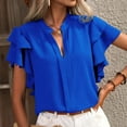 thumbnail image 2 of Riforla Women's Summer New V Neck Casual Double Layer Ruffle Sleeve Solid Color Top T-shirts for Women Blue M, 2 of 5