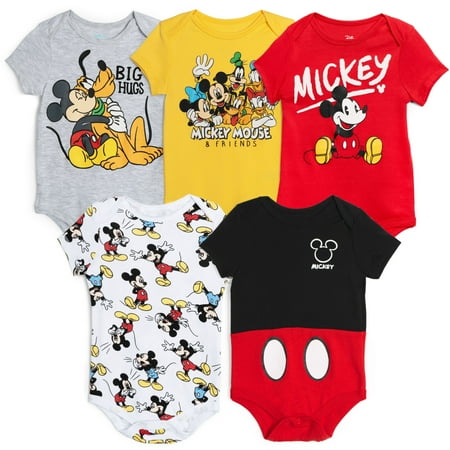 Disney Mickey Mouse Baby Boy or Girl 5-Pack Short Sleeve Bodysuits Friends Multi