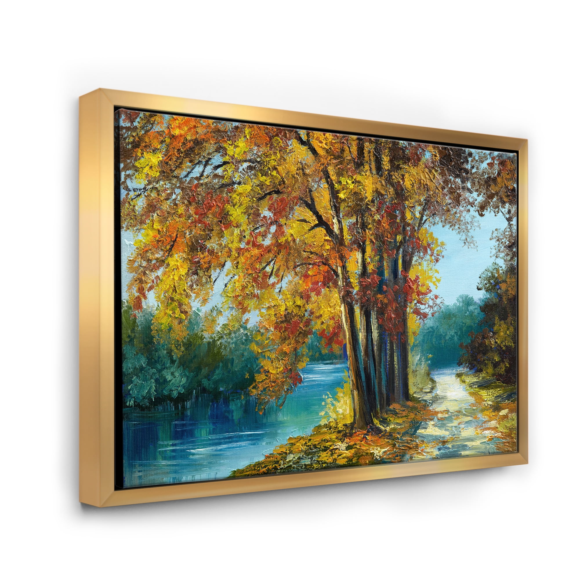 Abstract Trees In Warm Autumn Colors By Bright Blue River 32 in x 24 in Framed Painting Canvas Art Print, by Designart