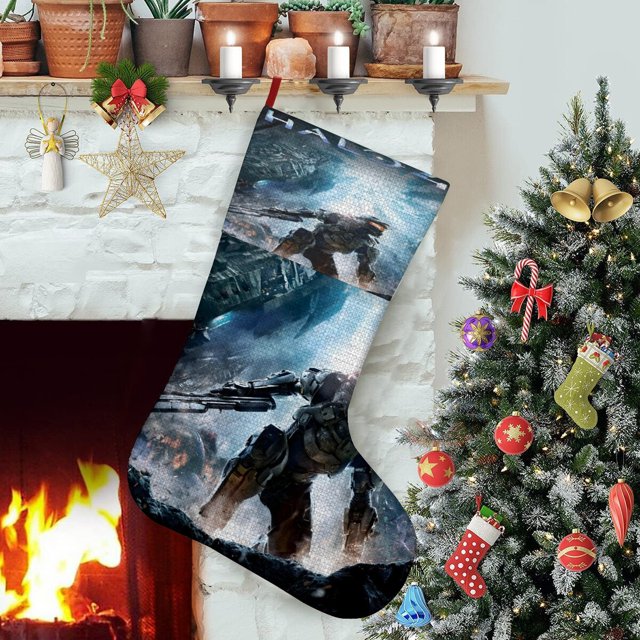 Halo Tema: Calcetines de Navidad, fino lino blanco para colgar en escaleras y chimenea, decoración navideña para el hogar, regalo de Navidad. 45cm × 32cm