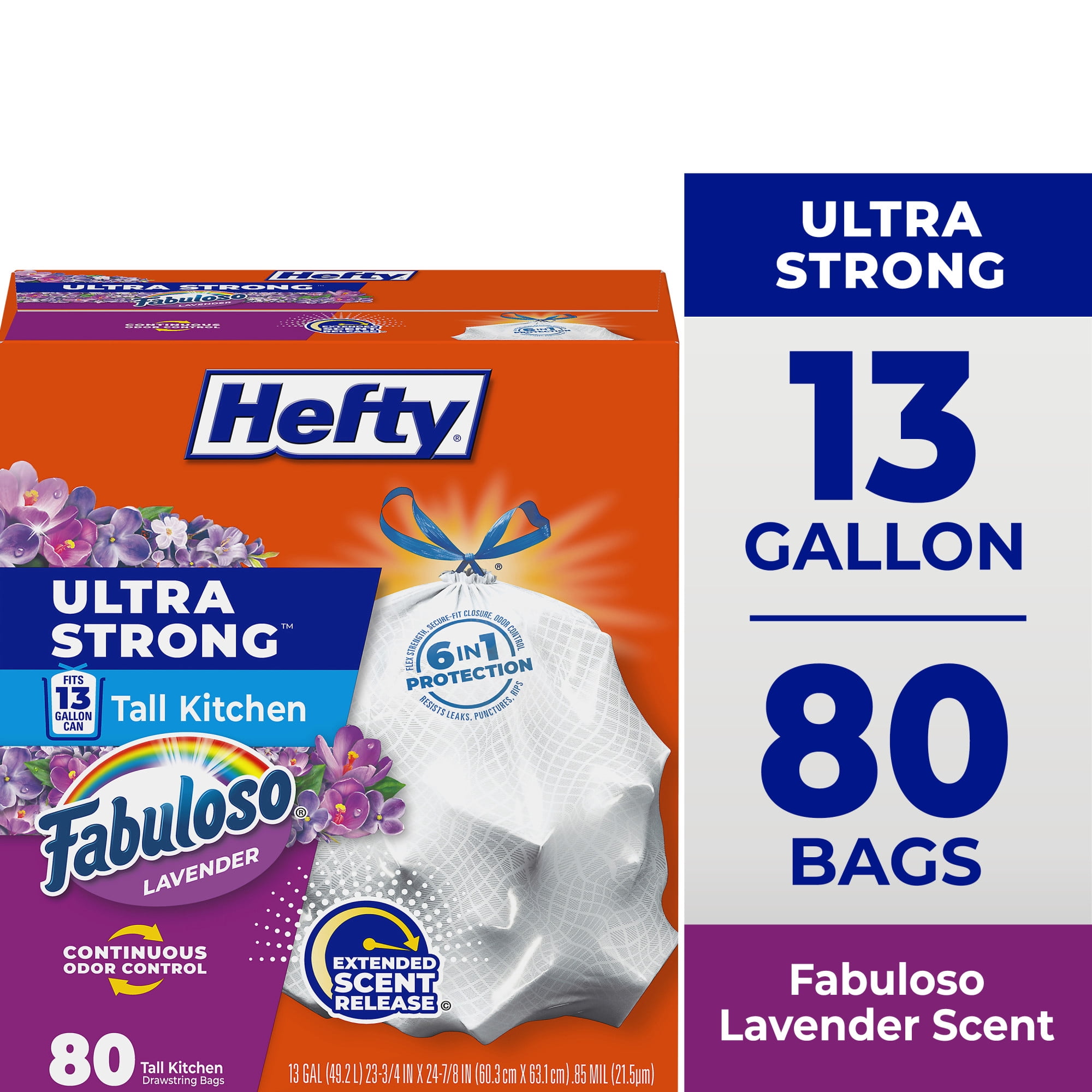 (3 pack) Hefty Ultra Strong 13 Gallon Trash Bags, Tall Kitchen Trash Bags, White, Fabuloso Lavender Scent, 80 Bags