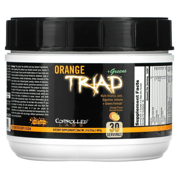 Controlled Labs Orange Triad Plus Greens for Men and Women, 30 Servings Iron Free Sports Supplement for Overall Health, Multivitamin