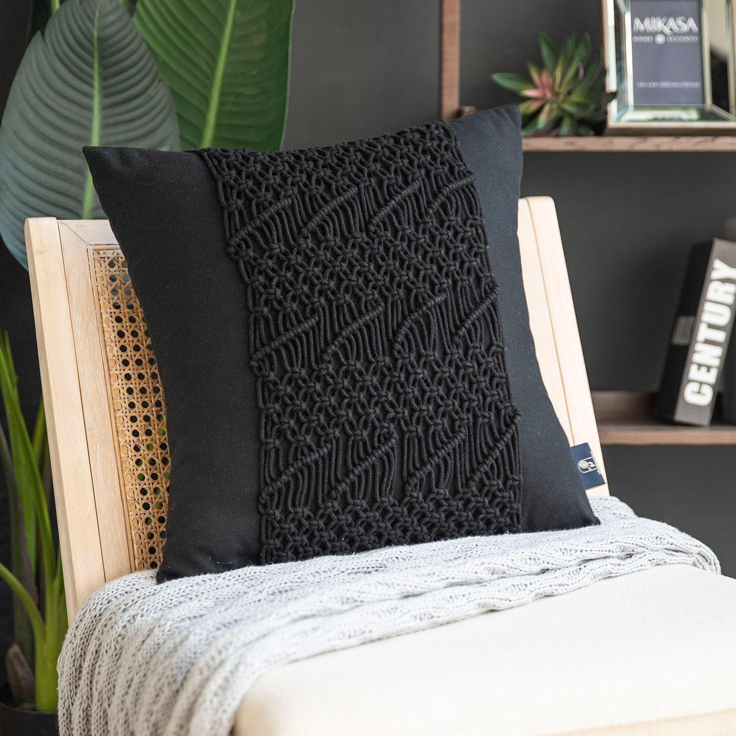 Phantoscope 100% Cotton Handmade Crochet Boho Throw Pillows with Invisible Zipper, 18 x 18 in Square Cushions, Black, 2 Pack