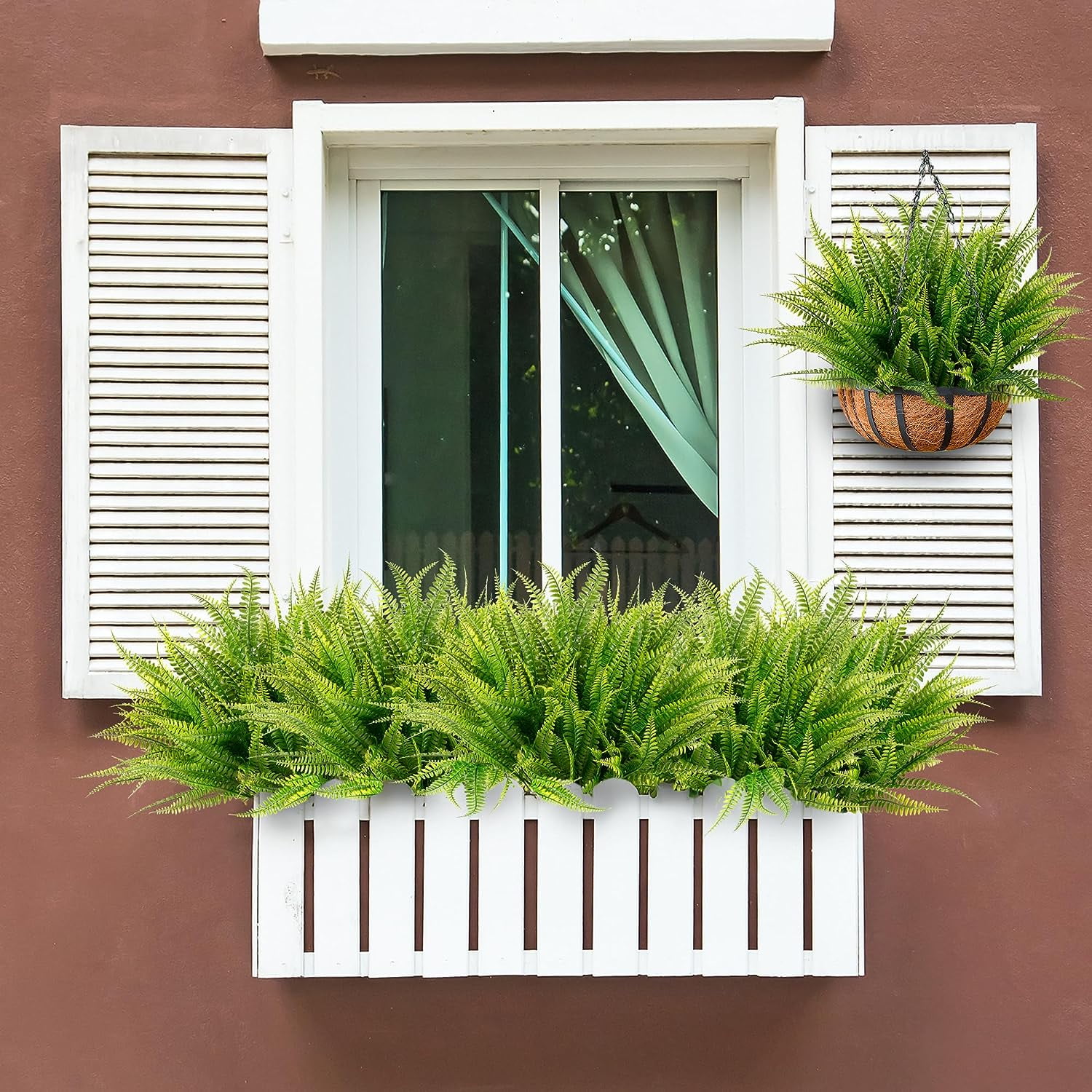 4PCS Artificial Boston Fern Fall Plant Fake Bushes Shrubs Outdoor Greenery UV Resistant Plants Faux Plastic Plants for Home Garden Indoor Fall Thanksgiving Autumn Decor (Green)