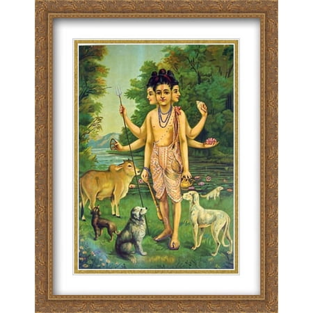 Dattatreya 2x Matted 28x36 Large Gold Ornate Framed Art Print by Ravi Varma, Raja