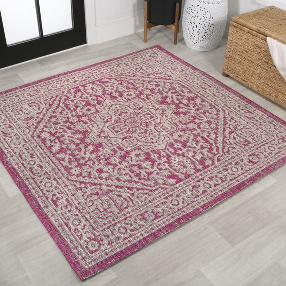 JONATHAN Y SANTA MONICA 5' Square Area Rug, Sinjuri Medallion Textured Weave - Fuchsia/Light Gray, SMB101G-5SQ