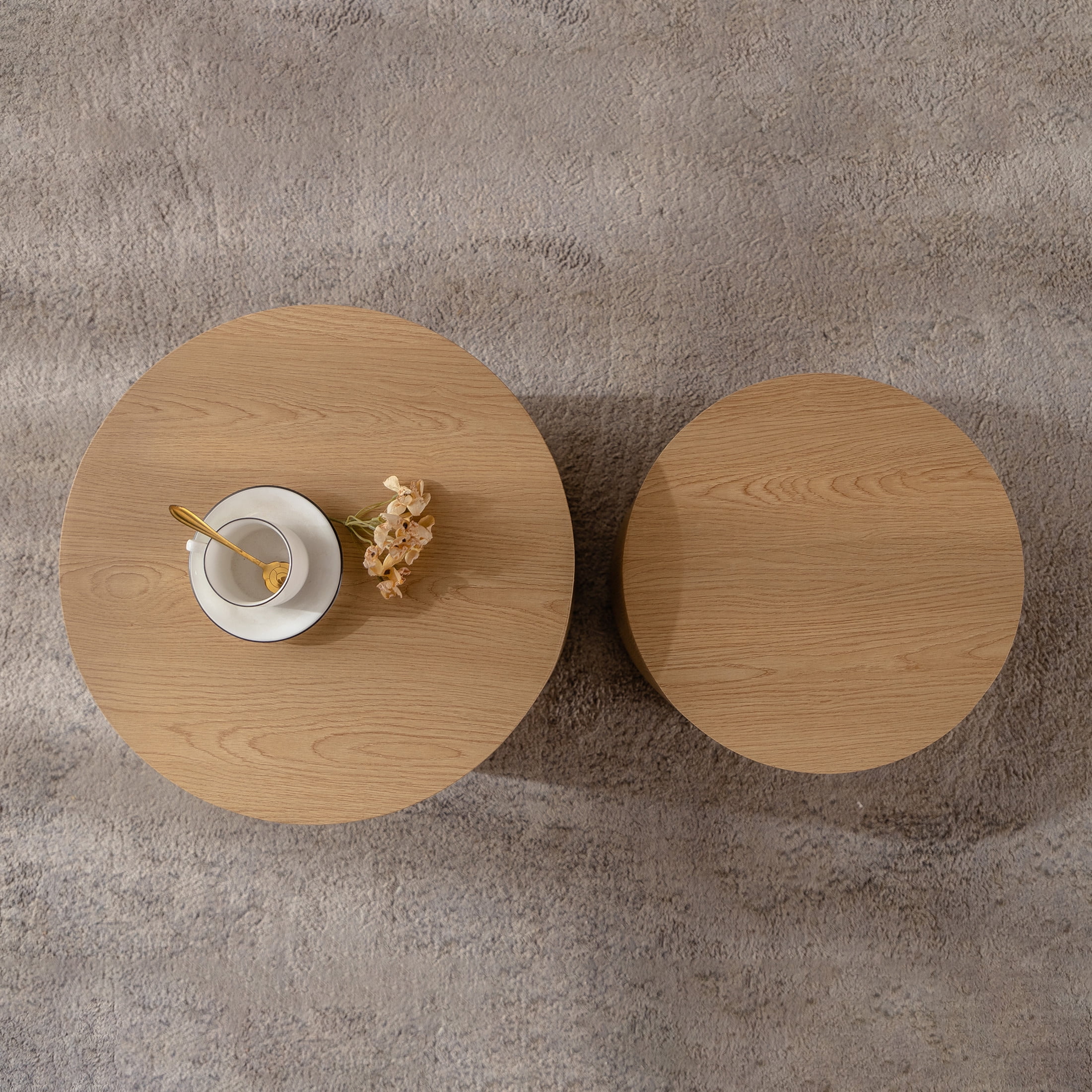 Noble House Nathan 2-Piece Round Nesting Coffee Table Set, Modern Wooden Industrial Side Tables, Light Wood, Set of 2