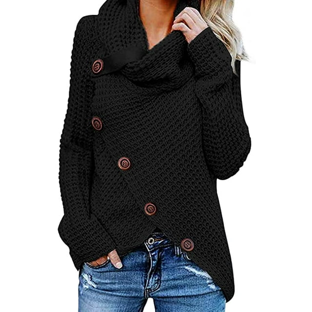 Pulls Femmes Chauds Asymétriques Tricotés Col Roulé Unis Enveloppants Manches Longues Hauts Décontractés