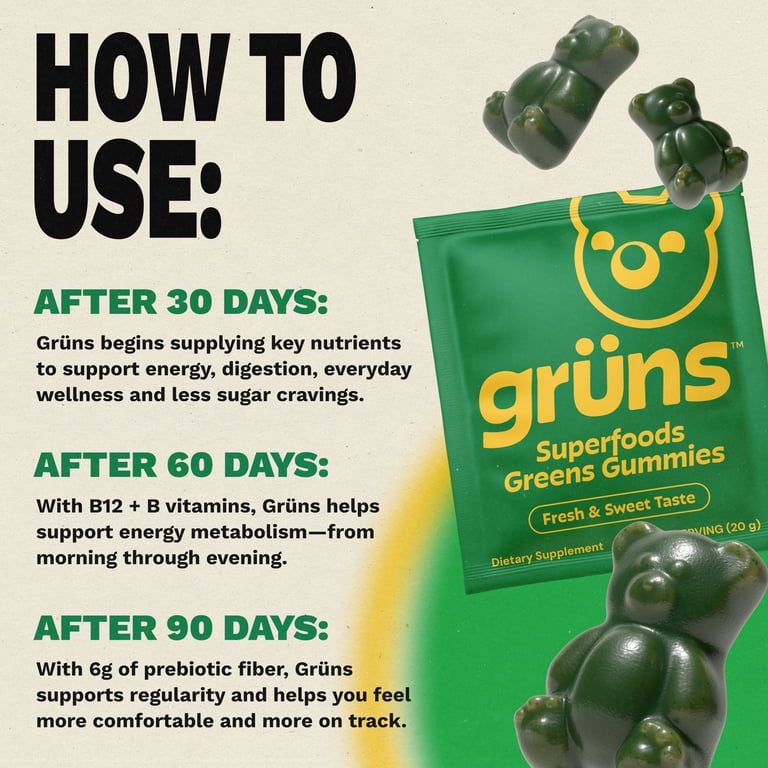 Gruns Superfood Multivitamin Greens Gummies with Prebiotic Fiber