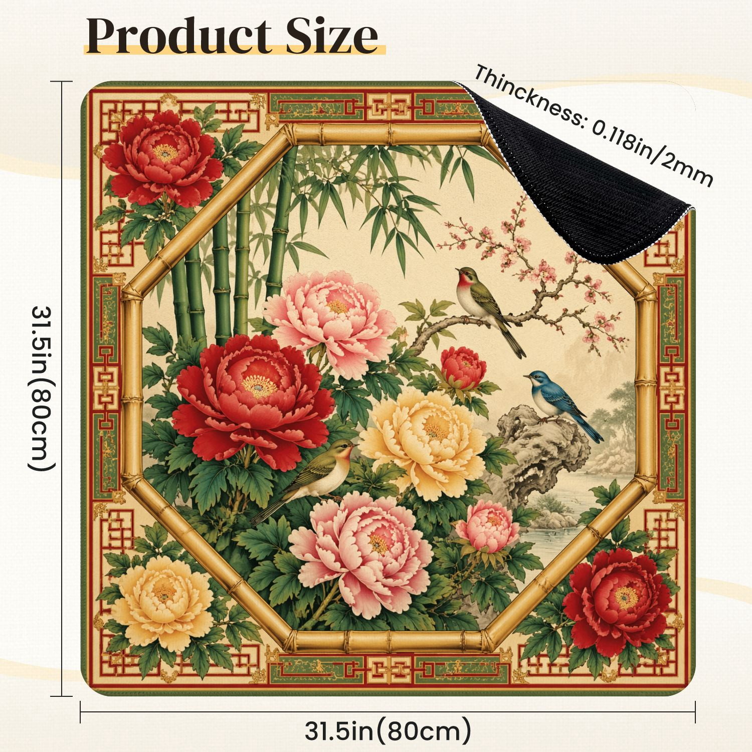 Mahjong Mat 31.5" x 31.5" Floral Bird Vintage Bamboo Peony Flowers Non-Slip Noise Reduction Mahjong Tiles Table Cover for Dominoes Poker Card Board and Tile Games