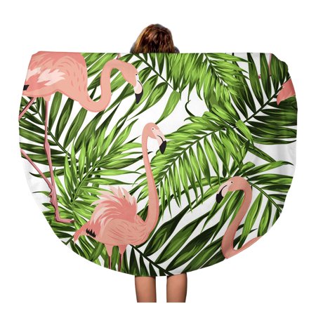 KDAGR 60 inch Round Beach Towel Blanket Bright Khaki Green Jungle Palm Tree Leaves Pink Exotic Travel Circle Circular Towels Mat Tapestry Beach Throw