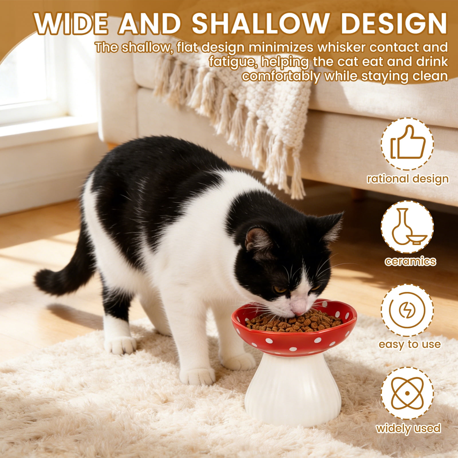 Threns Mushroom Cat Bowl,Whisker Fatigue Cat Bowl,Cute Cat Bowls,Elevated Cat Food Bowl, Lead & Cadmium Free Ceramic Cat Bowls for Food and Water,(Red+Yellow)