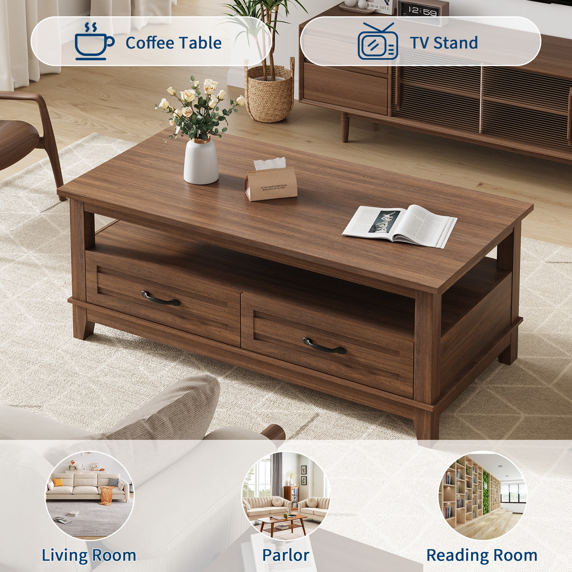 Farmhouse Coffee Table with Storage, Wood Coffee Table for Living Room, Open Display Area and Storage Drawers with Handles, Chic Style for Office, Parlor, Reading Room