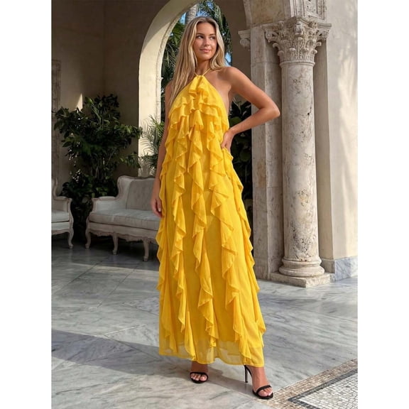 Yellow Halter Maxi Dress With Ruffle Layers Sleeveless Backless Summer Fashion Dress
