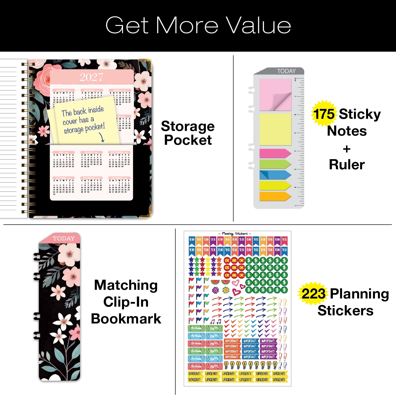 2026-2027 Excello Brands 8.5" x 11" Academic Year Hardcover Fashion Planner, Weekly/Monthly, 14 Month, Black Floral Pink