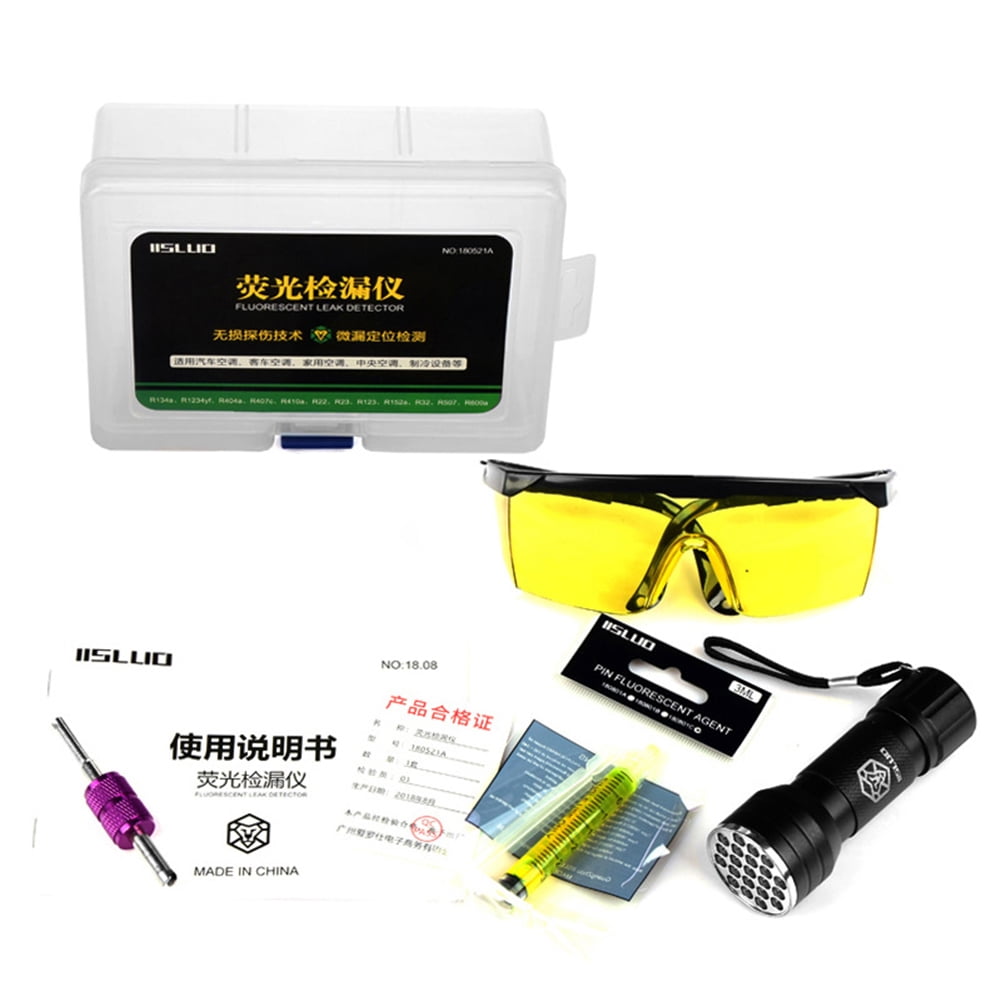 Automotive Air Conditioning A/C System Leak Detection Tool Set 3 in 1 Fluorescent Leaking Test Detector Kit 21 LED UV Flashlight Protective Glasses Dye Tool Set Long-term Effective Pollution-free 