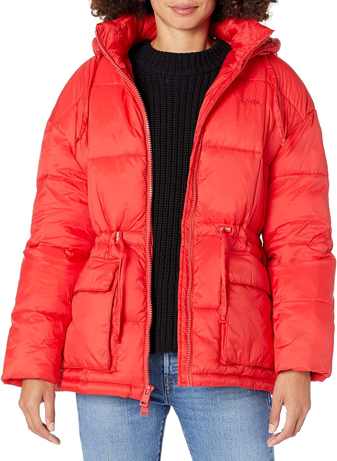 Levis Womens Quilted Megan Hooded Puffer Jacket X-Large Flame Red -  
